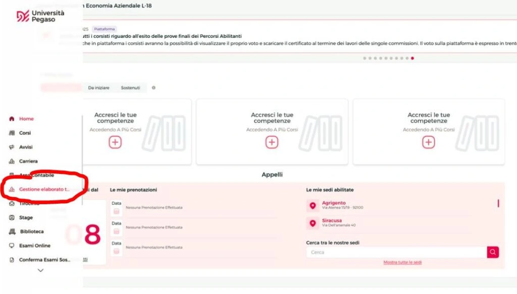 Sezione Gestione Elaborato Project Work della piattaforma UniPegaso