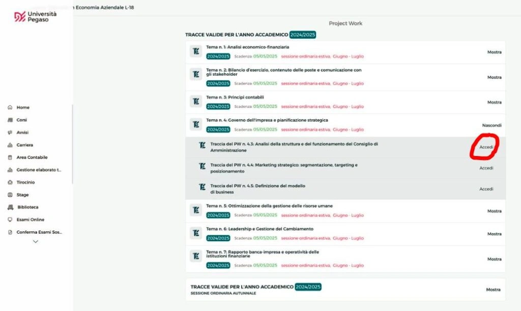 Elenco tracce del Project Work Pegaso nella piattaforma universitaria