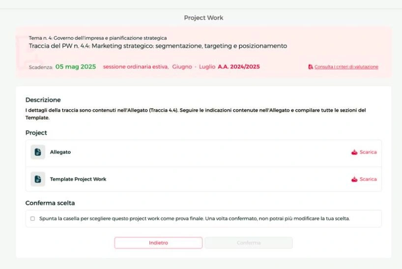 Caricamento del template del Project Work Pegaso sulla piattaforma